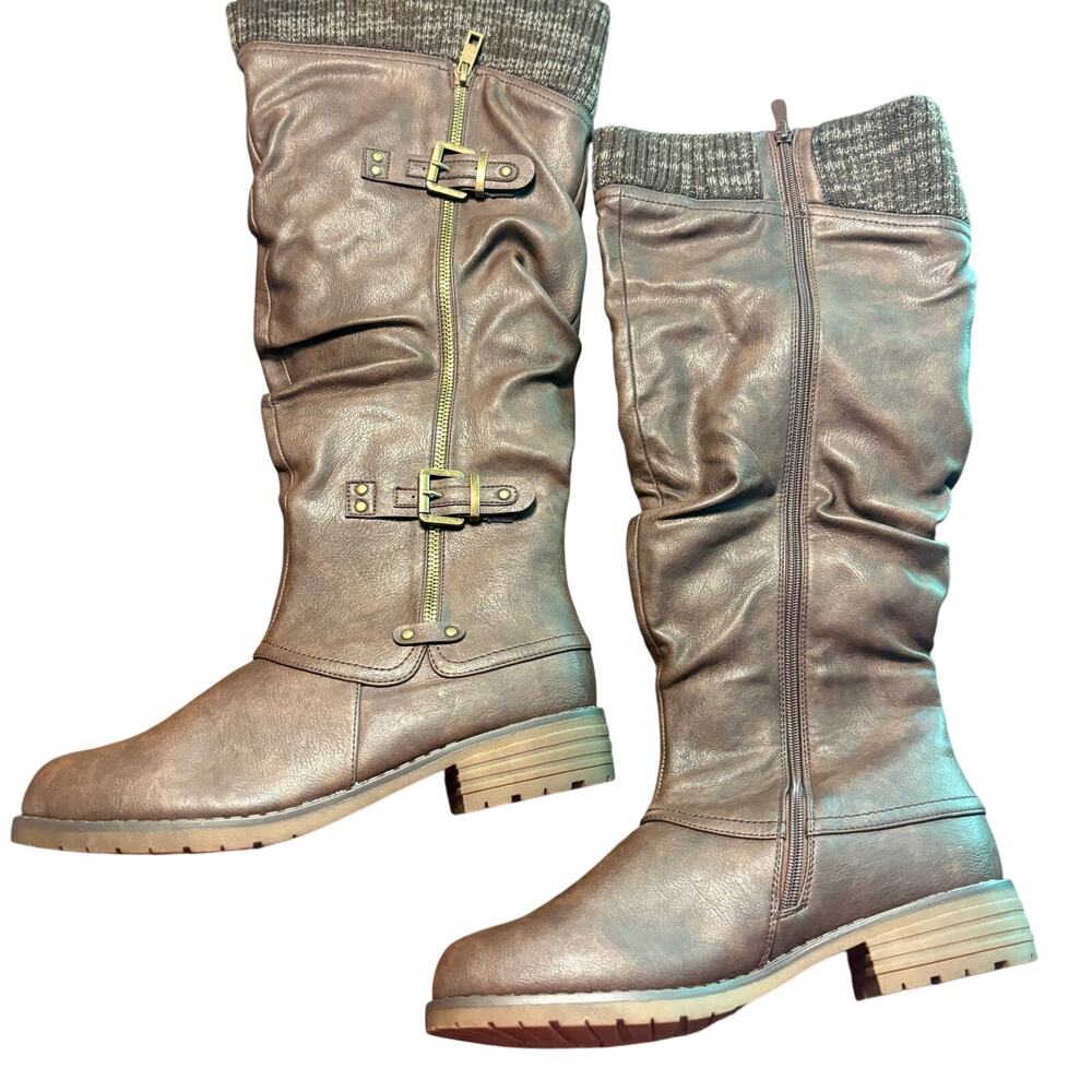 Dream Pairs Tall Slouchy Knit Cuff Boots 11 Brown NWT Vegan Leather Buckle Prep